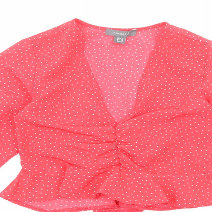 Primark Womens Red Polka Dot Polyester Cropped Blouse Size 4 V-Neck