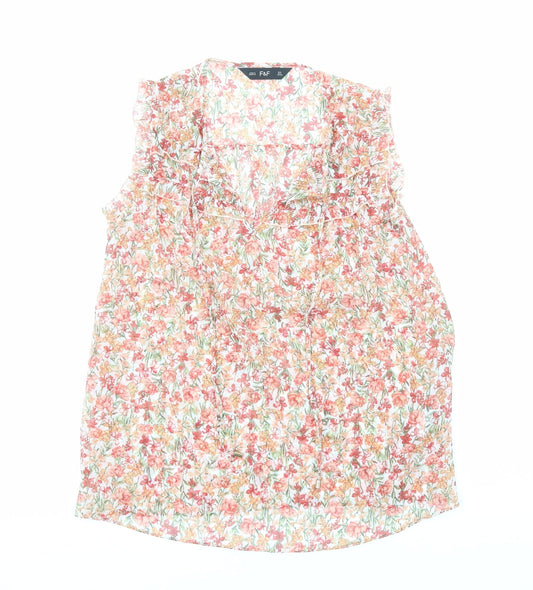 F&F Womens Orange Floral Polyester Basic Blouse Size 6 V-Neck