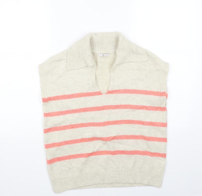 TU Womens Beige Collared Striped Acrylic Vest Jumper Size 8