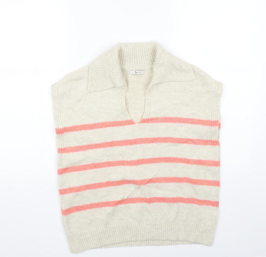 TU Womens Beige Collared Striped Acrylic Vest Jumper Size 8
