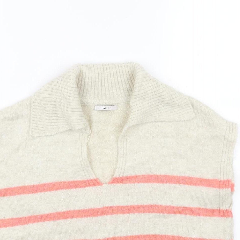 TU Womens Beige Collared Striped Acrylic Vest Jumper Size 8