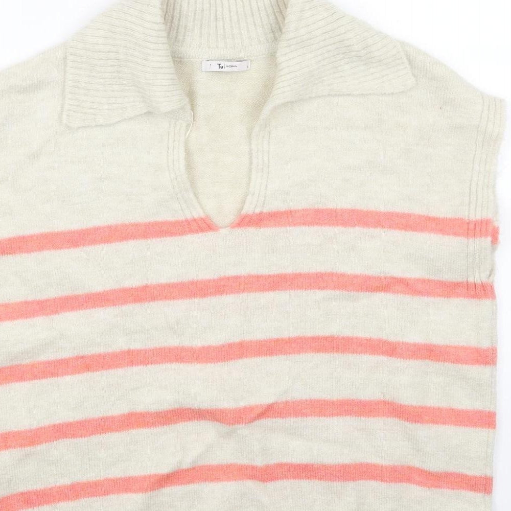 TU Womens Beige Collared Striped Acrylic Vest Jumper Size 8