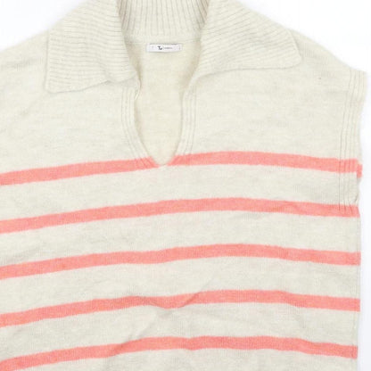 TU Womens Beige Collared Striped Acrylic Vest Jumper Size 8