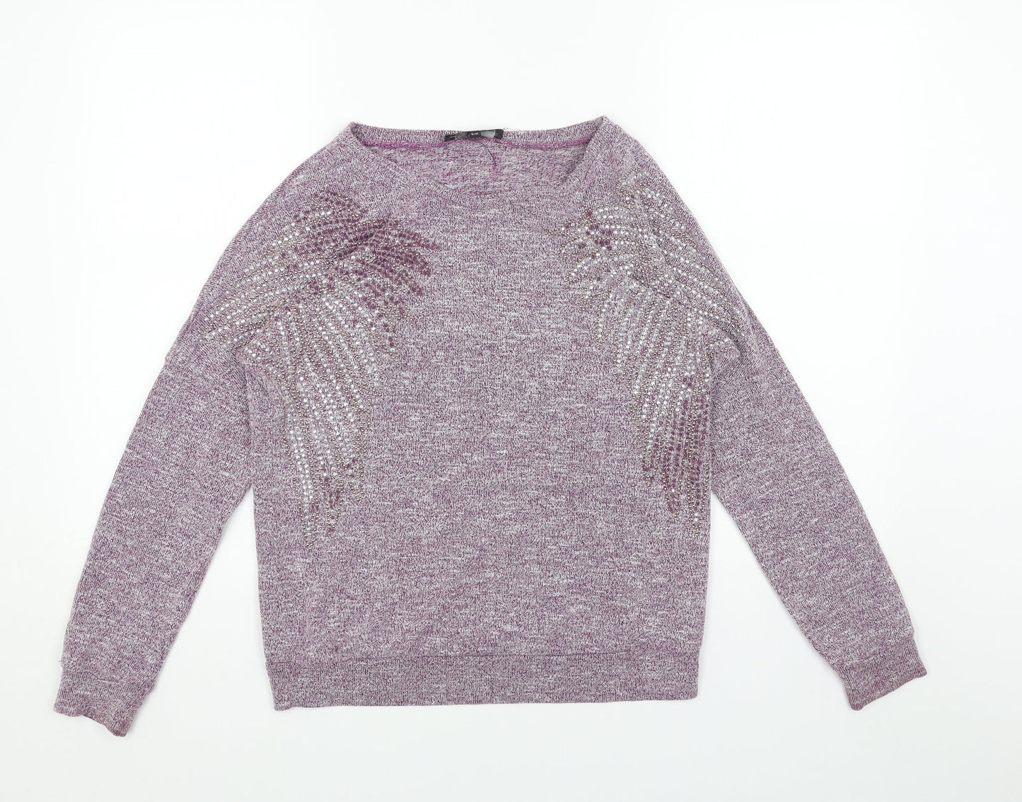 Daisylayla Womens Purple Boat Neck Viscose Pullover Jumper Size S - Fern Leaf Detail