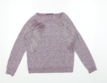 Daisylayla Womens Purple Boat Neck Viscose Pullover Jumper Size S - Fern Leaf Detail