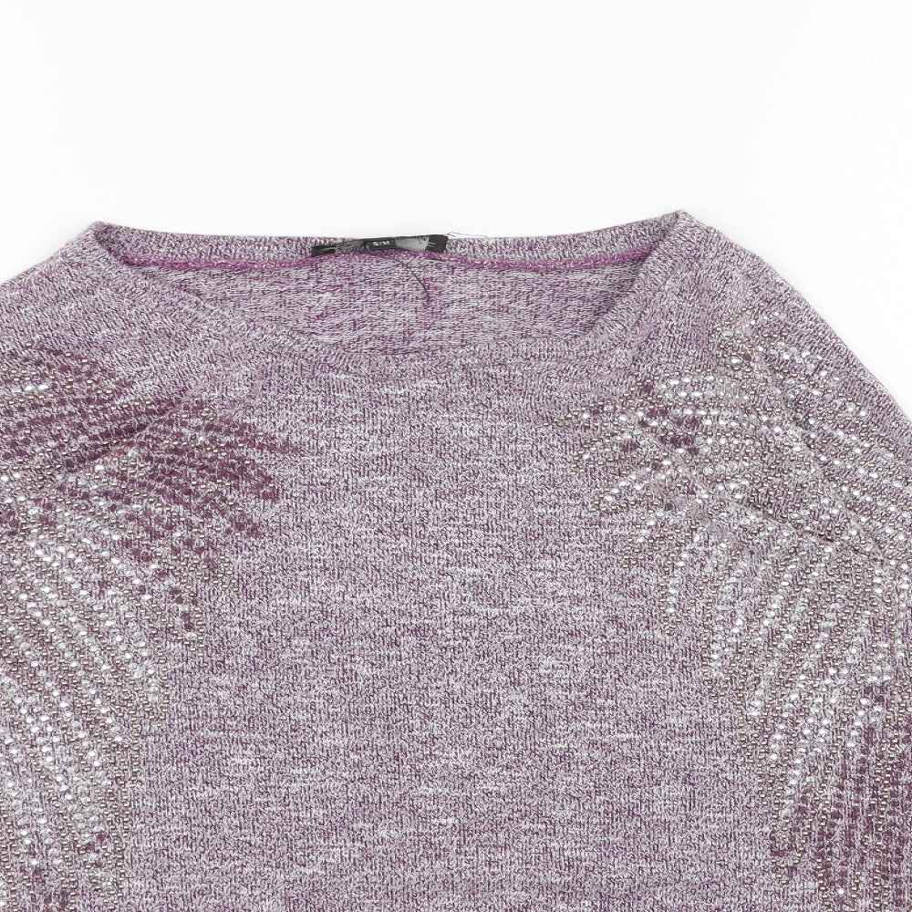 Daisylayla Womens Purple Boat Neck Viscose Pullover Jumper Size S - Fern Leaf Detail