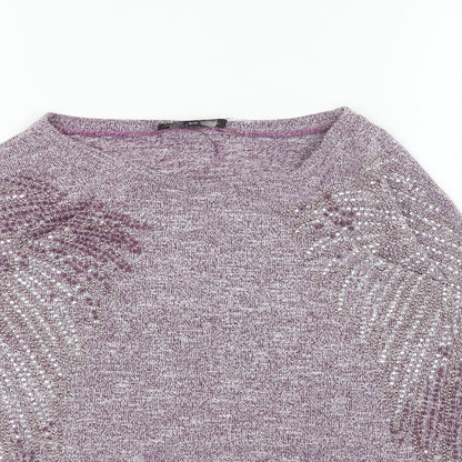 Daisylayla Womens Purple Boat Neck Viscose Pullover Jumper Size S - Fern Leaf Detail