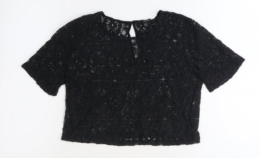 FOREVER 21 Womens Black Geometric Polyester Basic T-Shirt Size M Round Neck