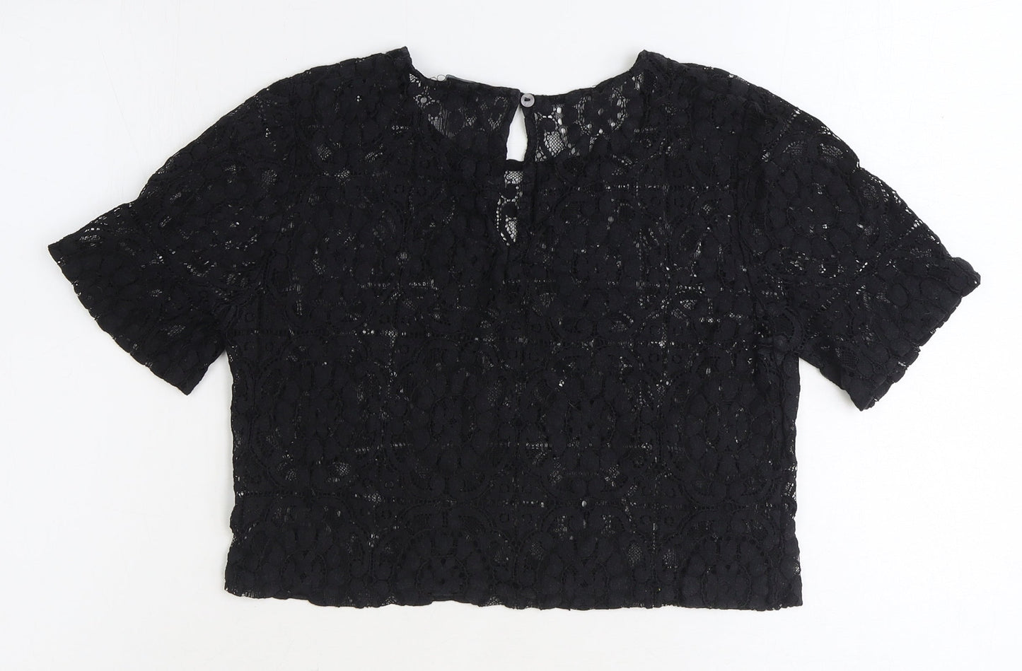 FOREVER 21 Womens Black Geometric Polyester Basic T-Shirt Size M Round Neck