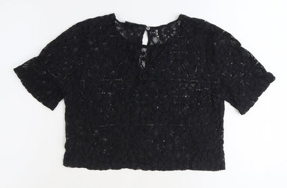 FOREVER 21 Womens Black Geometric Polyester Basic T-Shirt Size M Round Neck