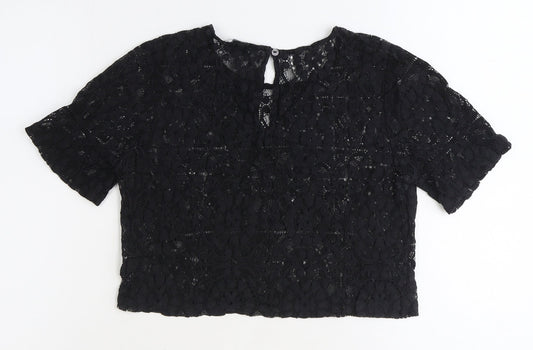 FOREVER 21 Womens Black Geometric Polyester Basic T-Shirt Size M Round Neck