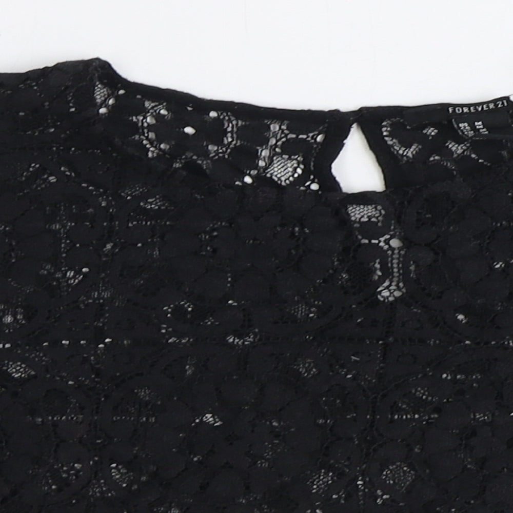 FOREVER 21 Womens Black Geometric Polyester Basic T-Shirt Size M Round Neck