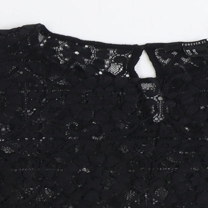 FOREVER 21 Womens Black Geometric Polyester Basic T-Shirt Size M Round Neck