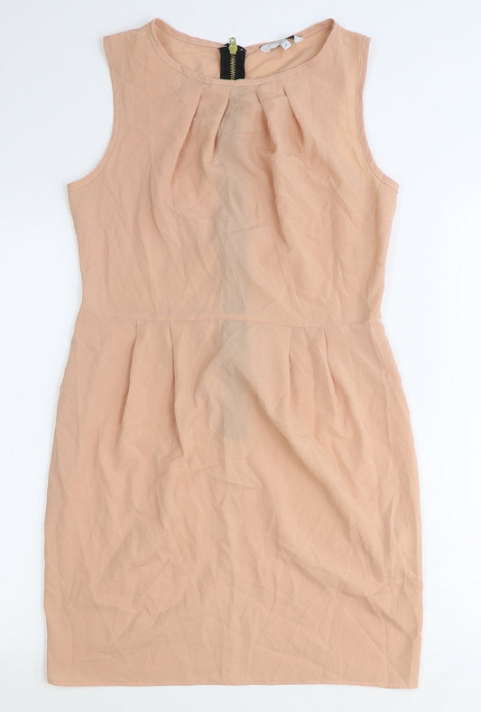 New Look Womens Pink Herringbone Polyester Pencil Dress Size 12 Boat Neck Zip - Pleat Detail