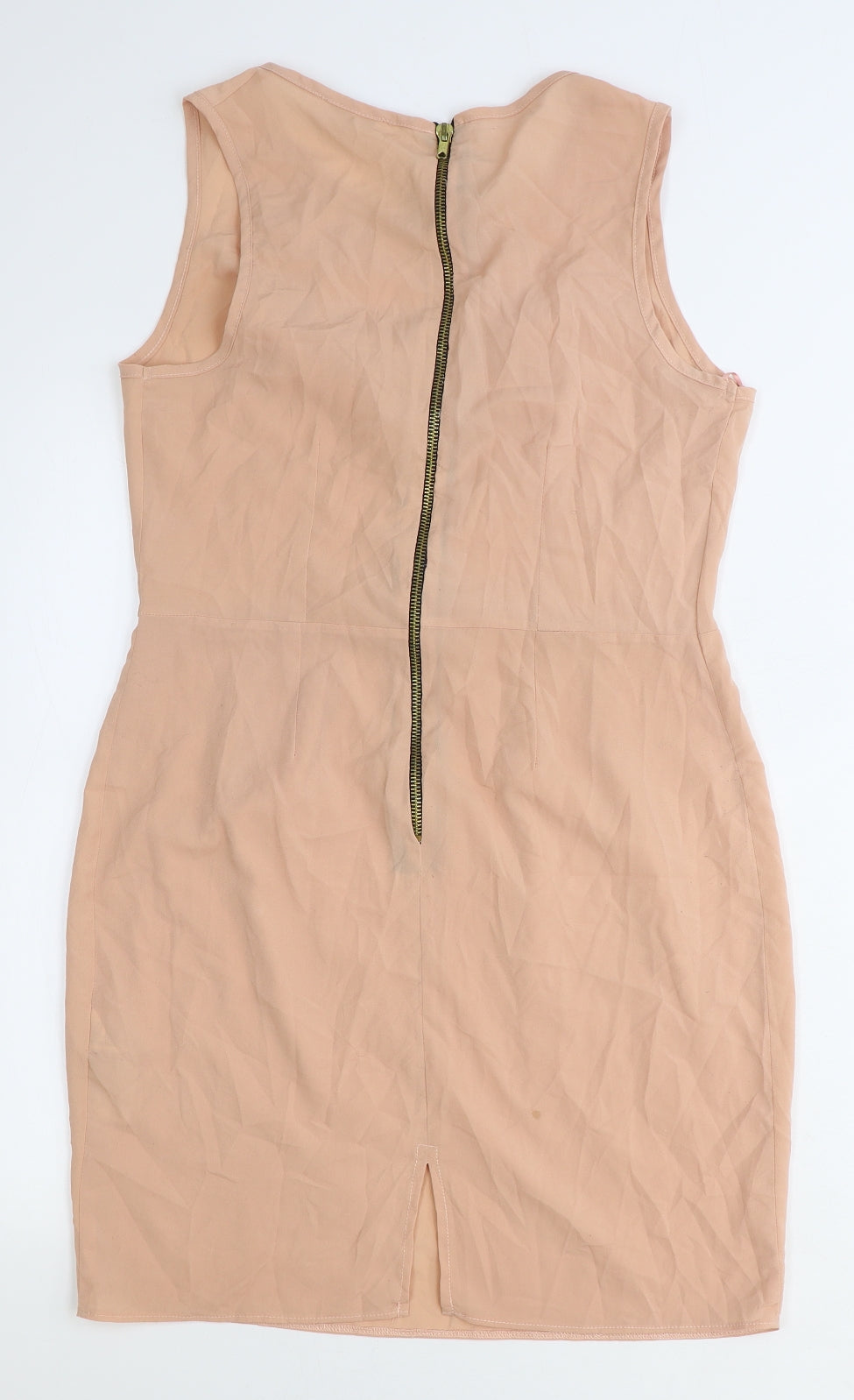 New Look Womens Pink Herringbone Polyester Pencil Dress Size 12 Boat Neck Zip - Pleat Detail