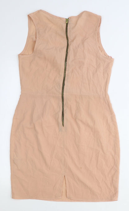 New Look Womens Pink Herringbone Polyester Pencil Dress Size 12 Boat Neck Zip - Pleat Detail