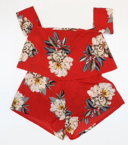 Missguided Womens Red Floral Polyester Blend Playsuit One-Piece Size 4 Zip