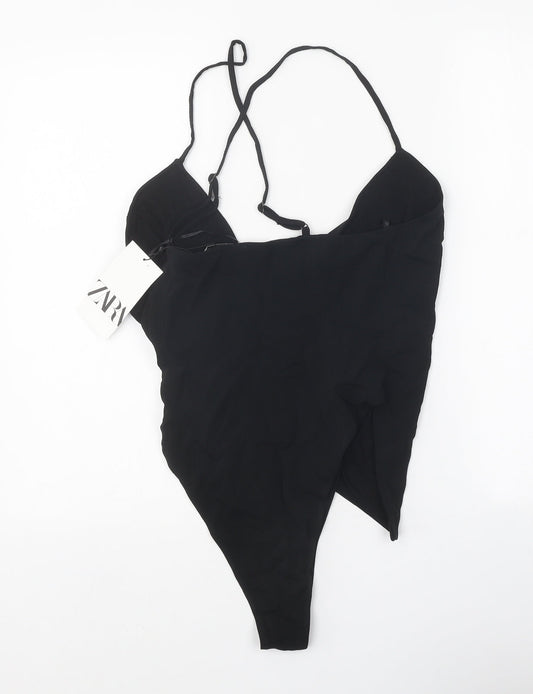 Zara Womens Black Viscose Bodysuit One-Piece Size S Snap