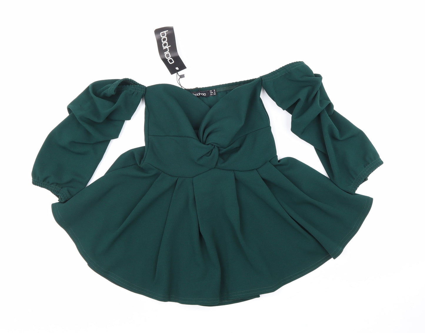 Boohoo Womens Green Polyester Basic Blouse Size 6 Off the Shoulder