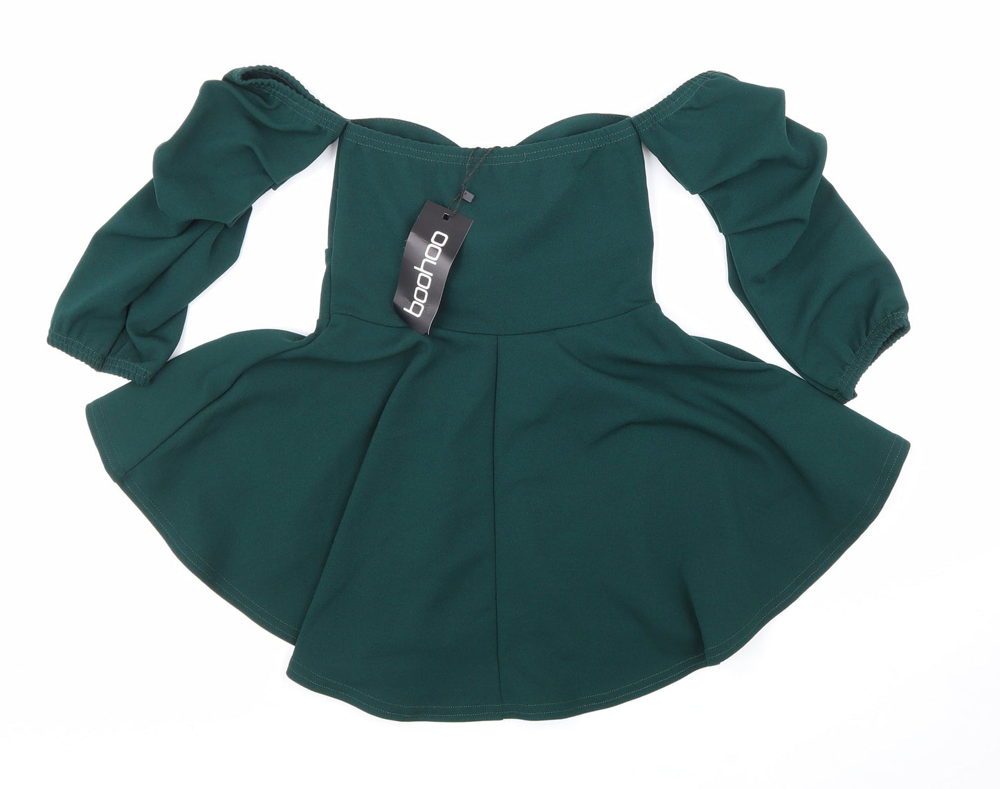 Boohoo Womens Green Polyester Basic Blouse Size 6 Off the Shoulder