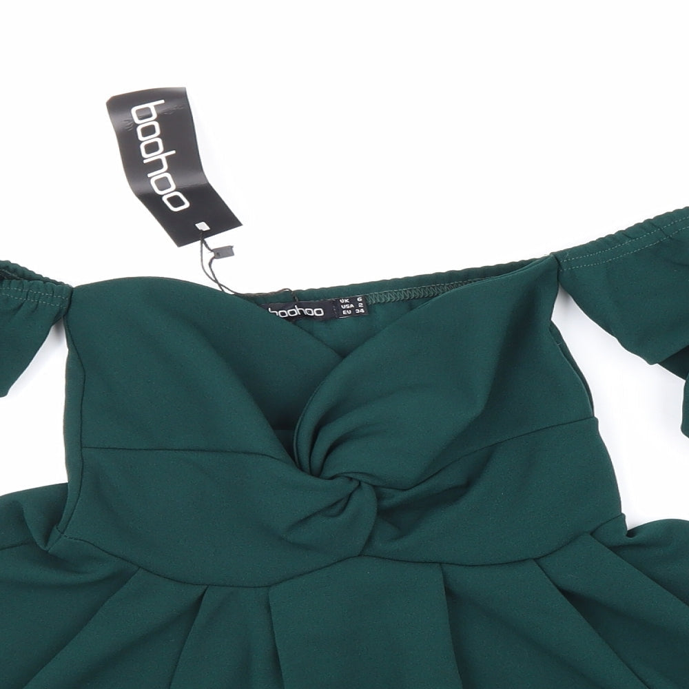 Boohoo Womens Green Polyester Basic Blouse Size 6 Off the Shoulder