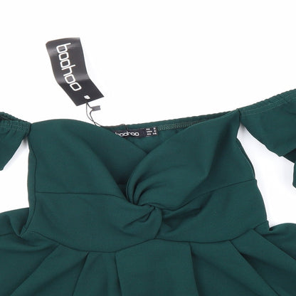 Boohoo Womens Green Polyester Basic Blouse Size 6 Off the Shoulder