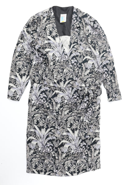 St Michael Womens Grey Geometric Viscose Sheath Size 14 V-Neck Zip