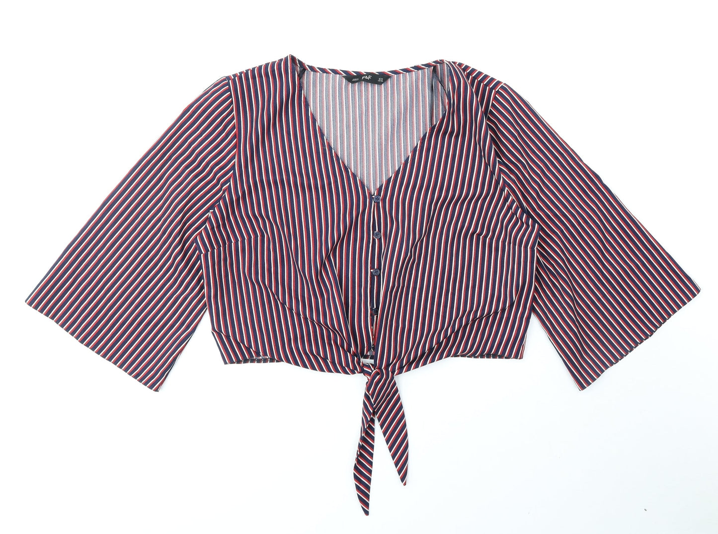 F&F Womens Multicoloured Striped Polyester Cropped Button-Up Size 16 V-Neck