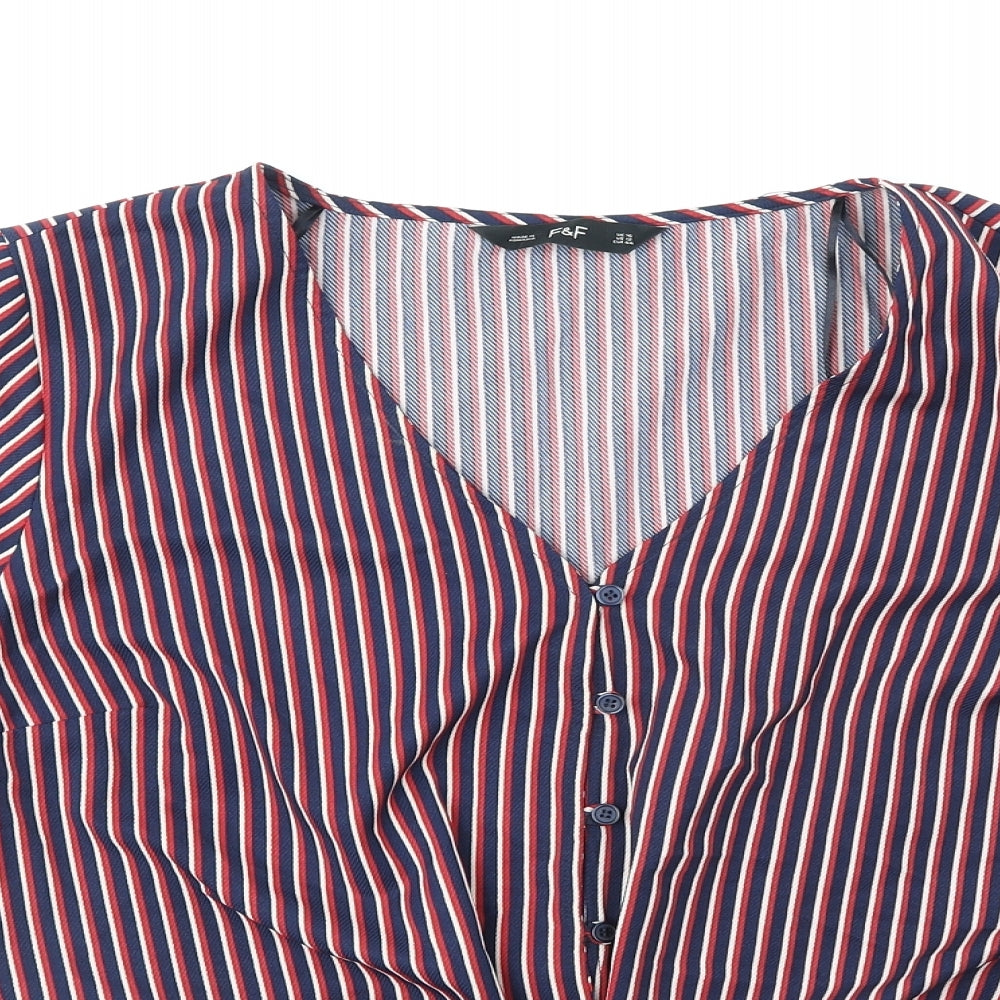 F&F Womens Multicoloured Striped Polyester Cropped Button-Up Size 16 V-Neck