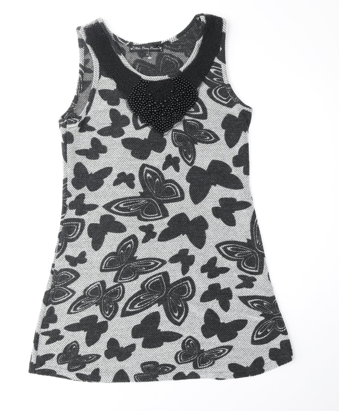 Mela London Womens Grey Geometric Acrylic Tank Dress Size 12 Round Neck Pullover - Butterfly Pattern
