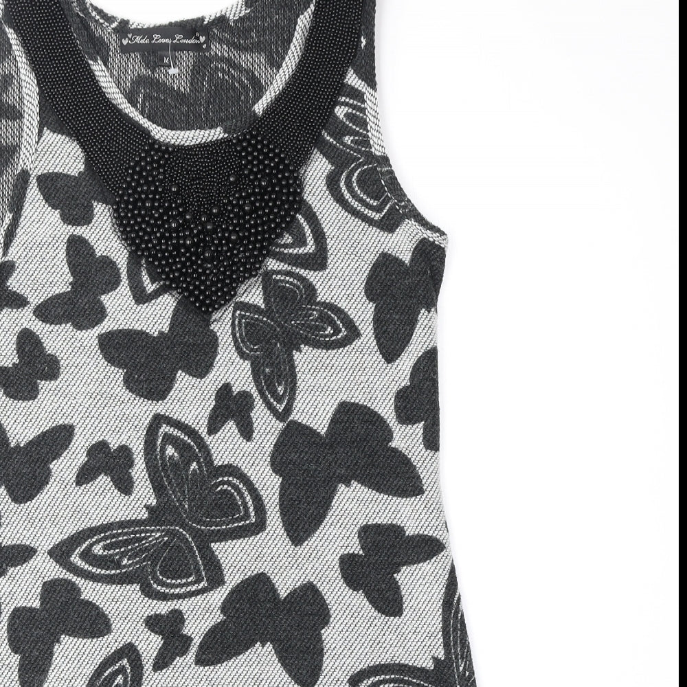 Mela London Womens Grey Geometric Acrylic Tank Dress Size 12 Round Neck Pullover - Butterfly Pattern