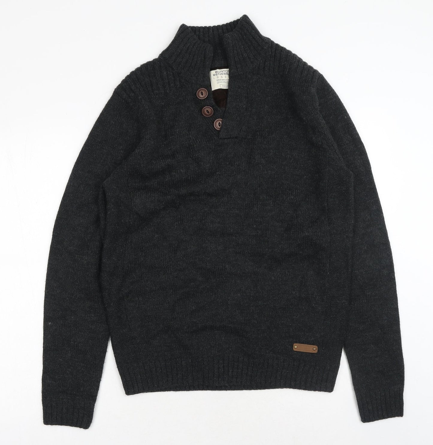 Burton Mens Grey V-Neck Acrylic Henley Jumper Size M Long Sleeve