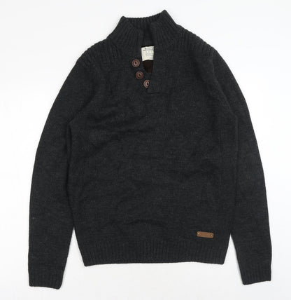 Burton Mens Grey V-Neck Acrylic Henley Jumper Size M Long Sleeve