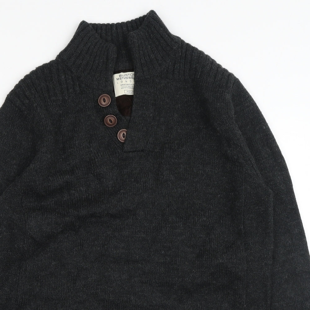 Burton Mens Grey V-Neck Acrylic Henley Jumper Size M Long Sleeve