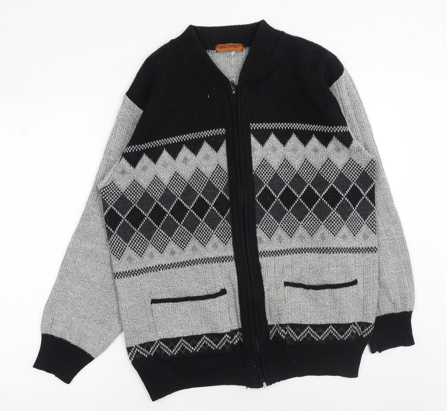 Bellissima Mens Grey V-Neck Geometric Acrylic Full Zip Jumper Size L Long Sleeve