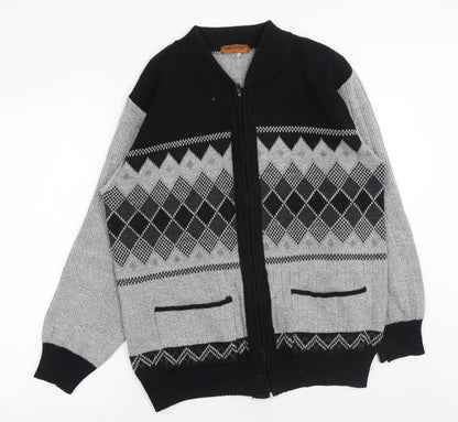 Bellissima Mens Grey V-Neck Geometric Acrylic Full Zip Jumper Size L Long Sleeve