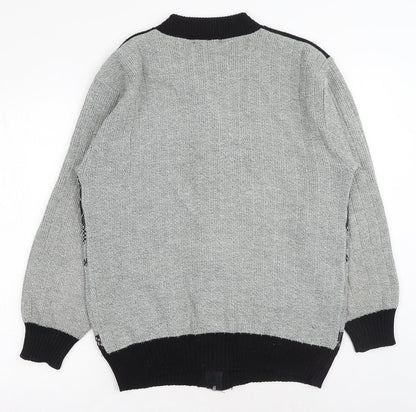Bellissima Mens Grey V-Neck Geometric Acrylic Full Zip Jumper Size L Long Sleeve