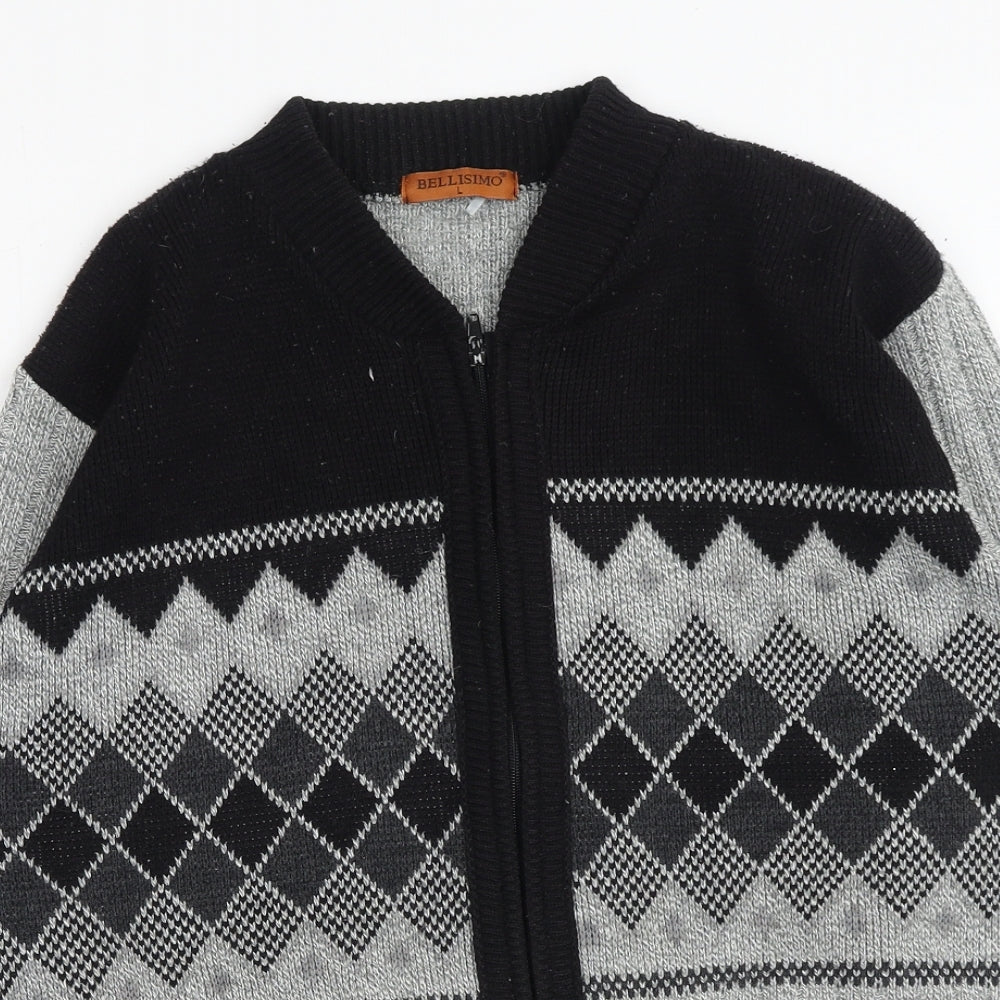 Bellissima Mens Grey V-Neck Geometric Acrylic Full Zip Jumper Size L Long Sleeve