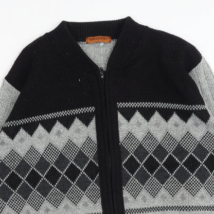 Bellissima Mens Grey V-Neck Geometric Acrylic Full Zip Jumper Size L Long Sleeve