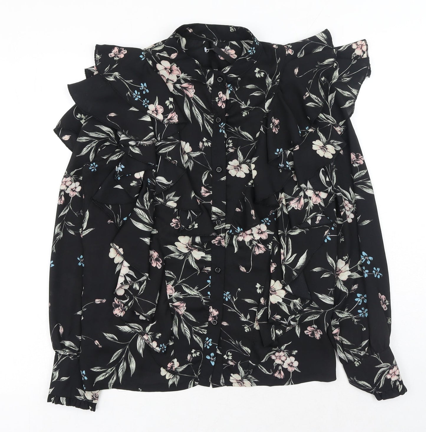 Elli White Womens Black Floral Polyester Basic Button-Up Size S Collared