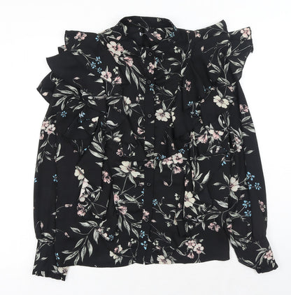 Elli White Womens Black Floral Polyester Basic Button-Up Size S Collared