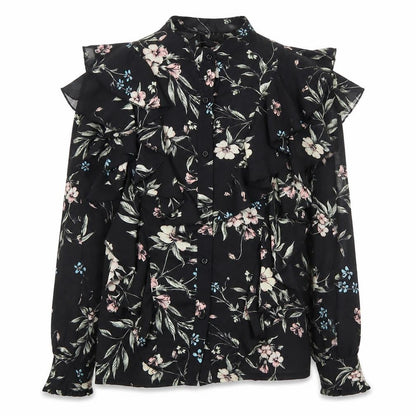 Elli White Womens Black Floral Polyester Basic Button-Up Size S Collared