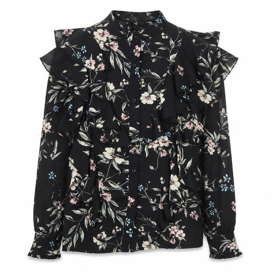Elli White Womens Black Floral Polyester Basic Button-Up Size S Collared