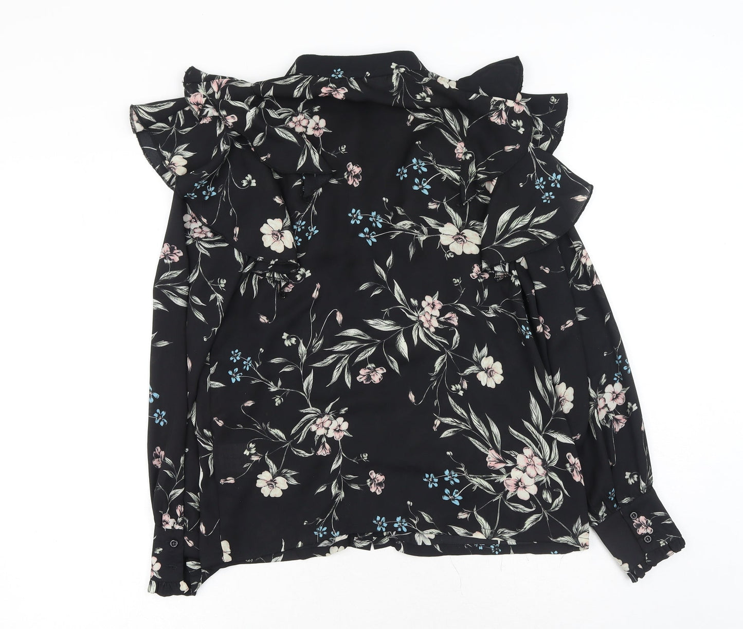 Elli White Womens Black Floral Polyester Basic Button-Up Size S Collared