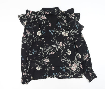Elli White Womens Black Floral Polyester Basic Button-Up Size S Collared