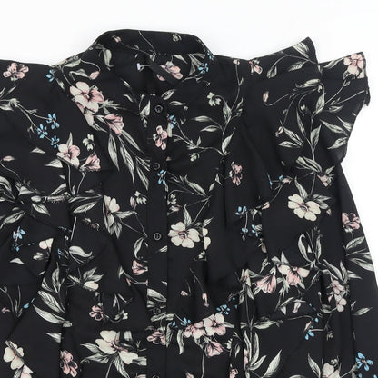 Elli White Womens Black Floral Polyester Basic Button-Up Size S Collared