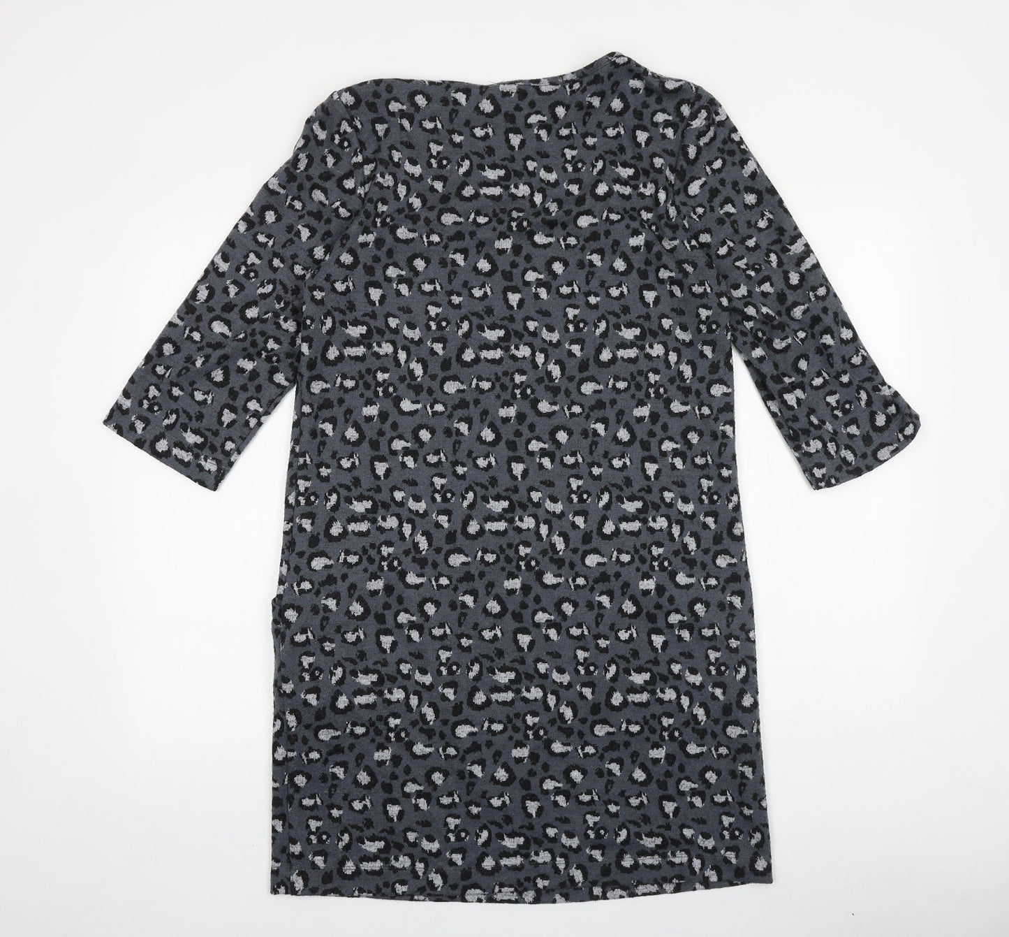 TU Womens Grey Animal Print 100% Cotton A-Line Size 12 Round Neck Pullover - Leopard Pattern