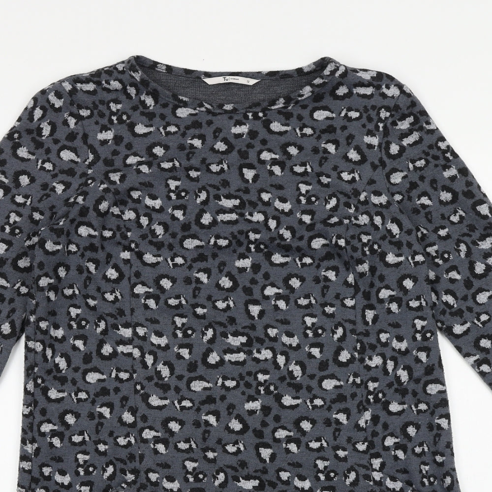 TU Womens Grey Animal Print 100% Cotton A-Line Size 12 Round Neck Pullover - Leopard Pattern