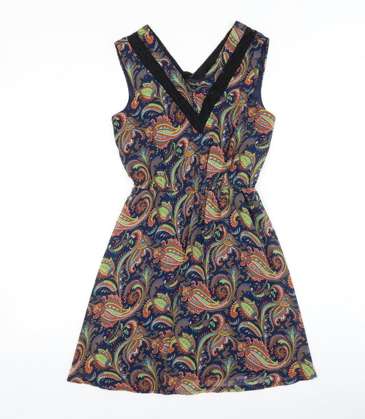 Mela Loves London Womens Blue Paisley Polyester A-Line Size 8 V-Neck Pullover