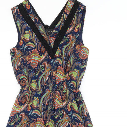 Mela Loves London Womens Blue Paisley Polyester A-Line Size 8 V-Neck Pullover